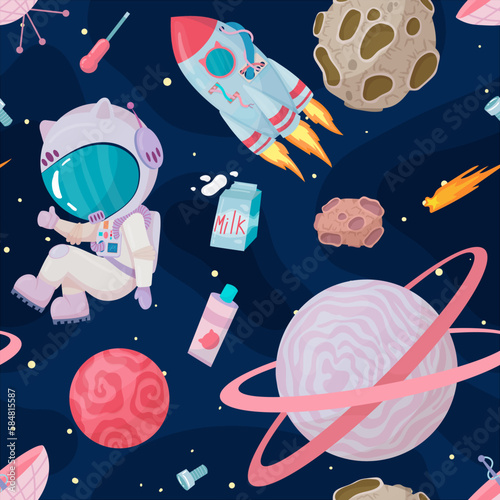 Cosmonaut in outer space. UFOs, spaceships, rockets. Solar system, intergalactic travel. Galaxies, planets, asteroids, comets, shooting stars. Vector illustration in cartoon style