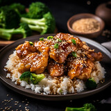 delicious sesame seed chicken dish on top of rice paired with broccoli and topped with green onions. Generative AI