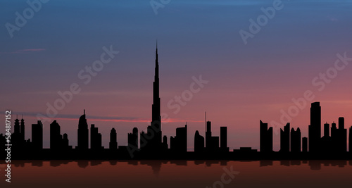 United Arab Emirates, Dubai skyline view at sunset. UAE celebration.