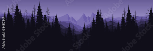 mountain scenery sunset landscape with forest silhouette flat design vector illustration good for wallpaper, background, backdrop, banner, and design template