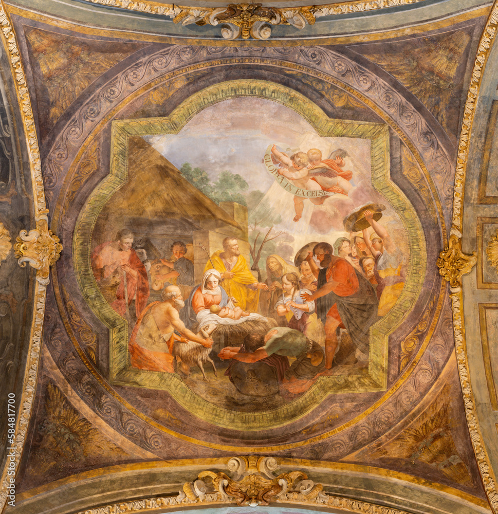 GENOVA, ITALY - MARCH 5, 2023: The fresco of Adoration of Shepherds in the side cupola of the church Basilica di Santa Maria delle Vigne by Santino Tagliafichi (1819).
