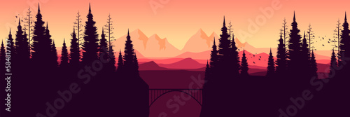 mountain scenery sunset landscape with forest silhouette flat design vector illustration good for wallpaper, background, backdrop, banner, and design template