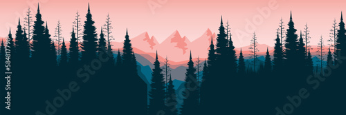 mountain scenery sunset landscape with forest silhouette flat design vector illustration good for wallpaper, background, backdrop, banner, and design template