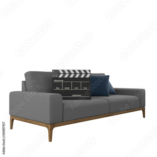 3d rendering linving room - sofa with clapperboard photo