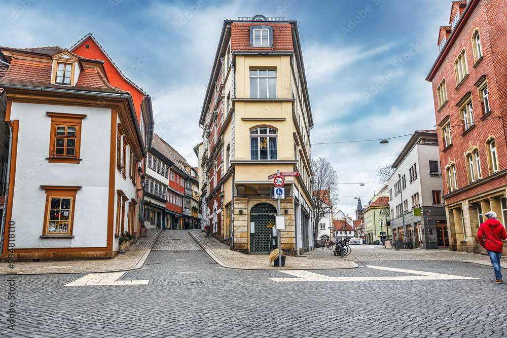 View at the crossroads of merchants bridge and benedict square in Erfurt city, thuringia, germany