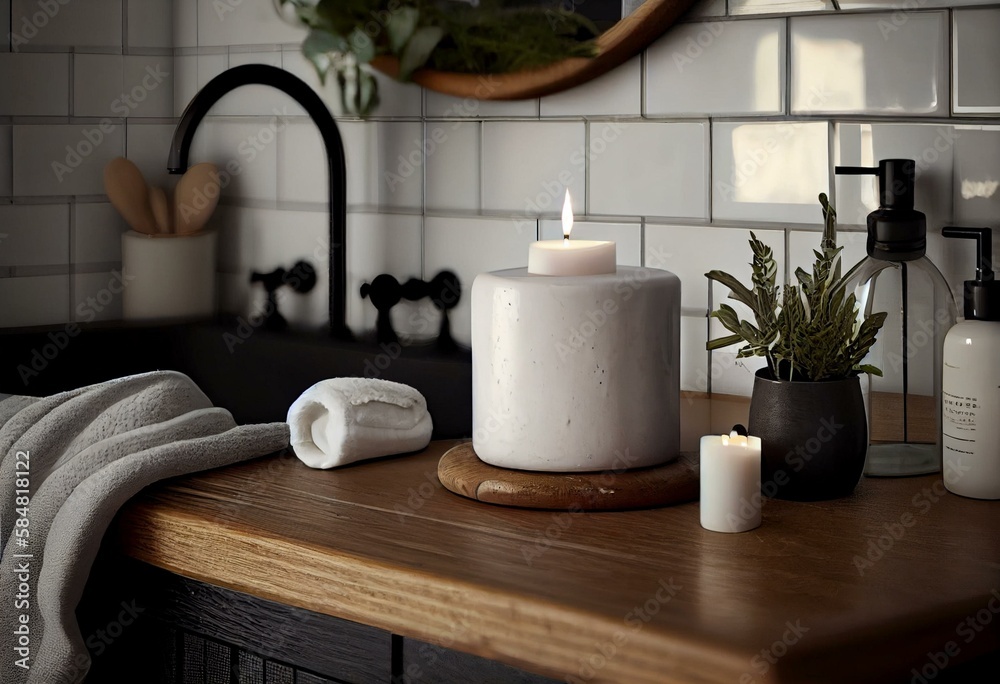 A bathroom with white tiles, a black stone sink, and a simple wooden stool. The only decoration is a few scented candles on the countertop. Generative AI