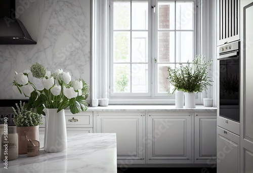 A kitchen with white cabinets, a white marble countertop, and black appliances. The only decoration is a small vase of fresh flowers on the windowsill. Generative AI