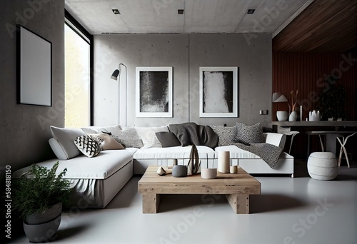 A living room with concrete walls  a simple wooden coffee table  and a white sectional sofa. The only decoration is a few black and white throw pillows. Generative AI