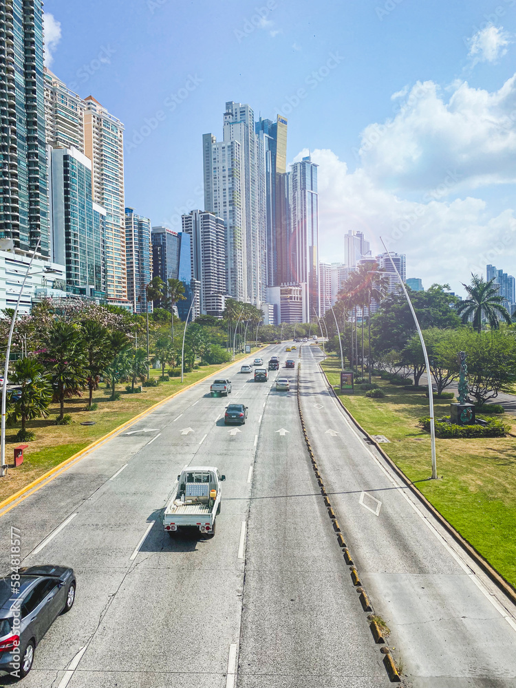 Main coastal highway leading into downtown Panama City, Panama on a bright summer day.