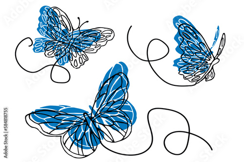Blue butterflies grouped in black outlines with trails across the screen. Minimalist vector artwork with beautiful colors.