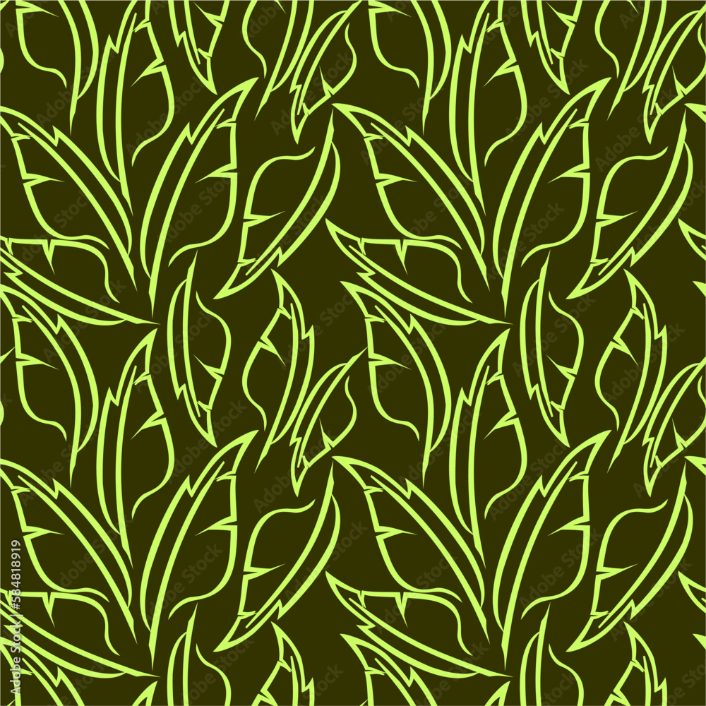 green graphic drawing of stylized feathers on an olive background, texture, design