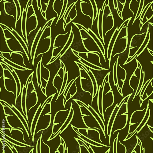 green graphic drawing of stylized feathers on an olive background, texture, design