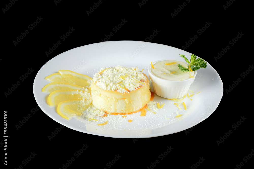 Delicious condensed milk and coconut pudding on a white plate - Coconut pudding with eggs sprinkled with powdered milk Delicious condensed milk and coconut pudding on a white plate - Coconut pudding with eggs sprinkled with powdered milk