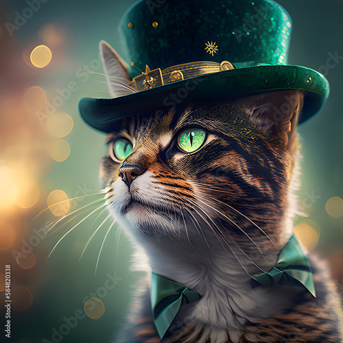 St. Patrick's Day celebration background. Beautiful cat in a green hat.