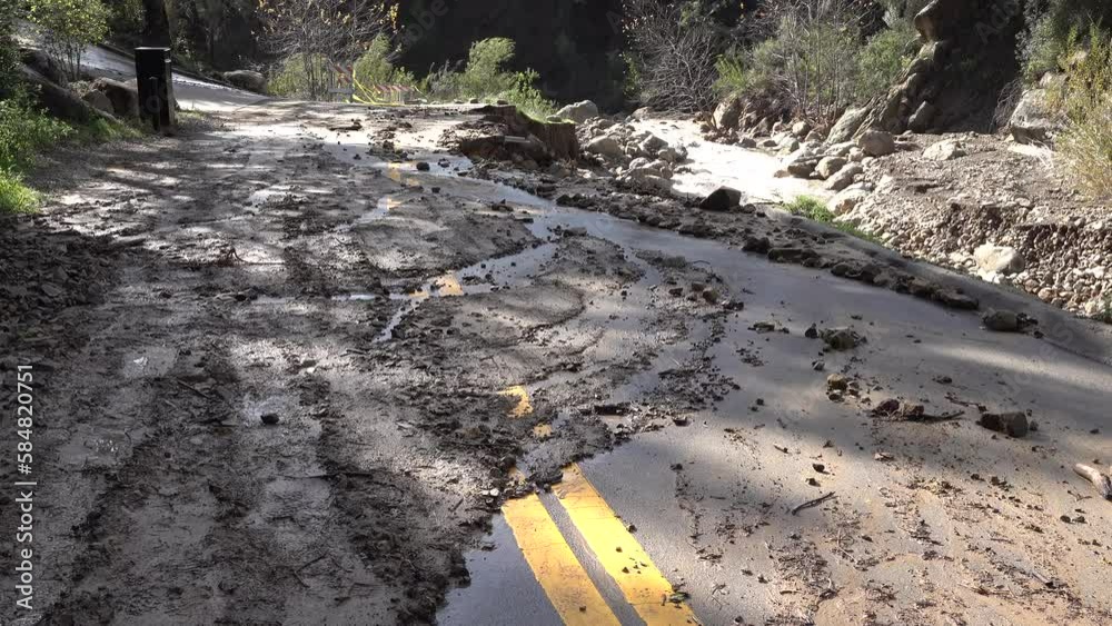 2023 - Mud obscures much of a partially demolished road in the aftermath of flooding in Santa Barbara, California. 2023 - Mud obscures much of a partially demolished road in the aftermath of flooding in Santa Barbara, California.