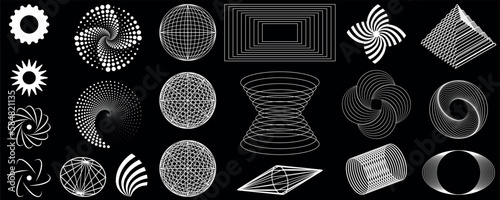 Set of Y2K bright geometric retro elements and shapes. Hipster graphic logos, icons, web design on black background. Science fiction series.