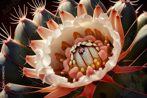 close-up of cactus flower, with detailed petals and thorns, created with generative ai photo