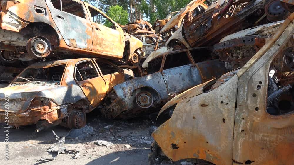 Video Stock 2022 wrecked and burned cars in the car cemetery sitting
