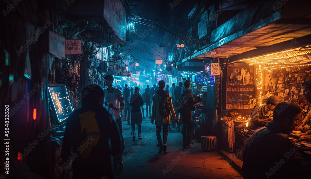 A futuristic marketplace at night with people
