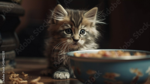 Cute Kitten Looking at a Bowl of Food Generative AI
