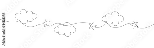 One single line drawing with cloud and star on white background. Continuous line draw vector illustration