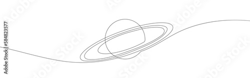 Continuous one line drawing planet Saturn. Outer space concept. Single line draw design vector graphic illustration.