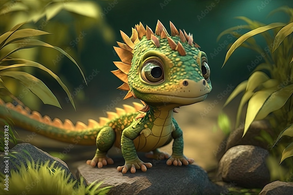 Obraz premium Cute Cartoon Dragon Lizard (Generative AI)