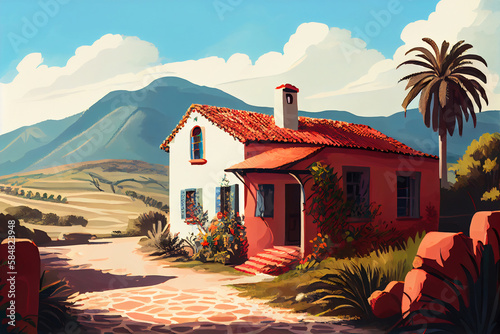 Typical Mexican old farmhouse with a beautiful landscape in the background. View on the facade. Illustration photo