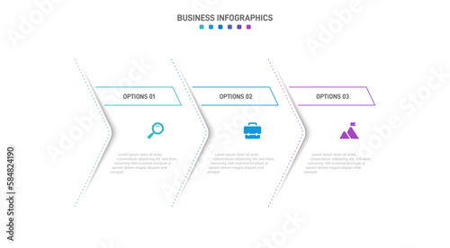 Timeline infographic with infochart. Modern presentation template with 3 spets for business process. Website template on white background for concept modern design. Horizontal layout.