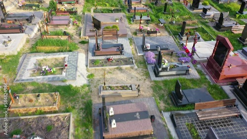 2022 - aerial of a civilian cemetery or graveyard with many graves near Lviv, Ukraine.