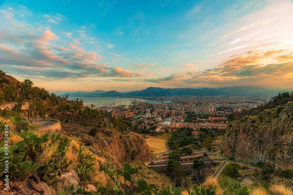 Panoramic view from Pellegrino mount on Palermo city at dusk, Sicily