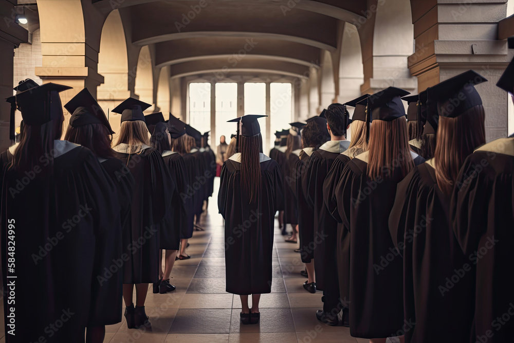 Back view of graduates in mortar boards and bachelor gowns on graduation ceremony at the university. Successful graduation from college or high school. Created with Generative AI