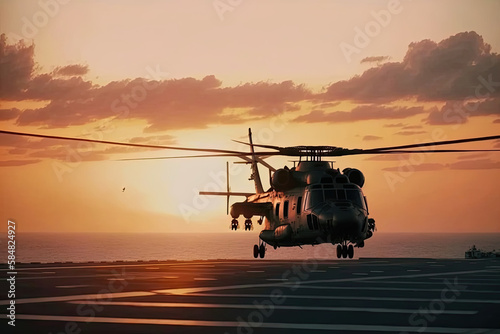 Leinwand Poster Military helicopter on warship board at sunset