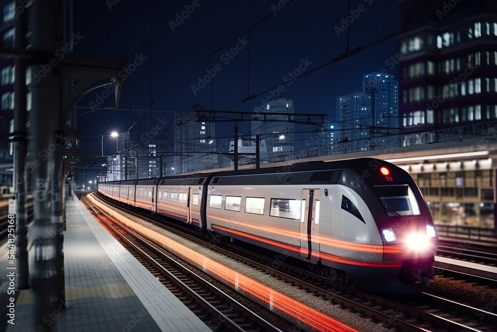 Modern high speed train at night. Fast train in city with motion blur effect, Public transport. Railway transportation. Created with Generative AI