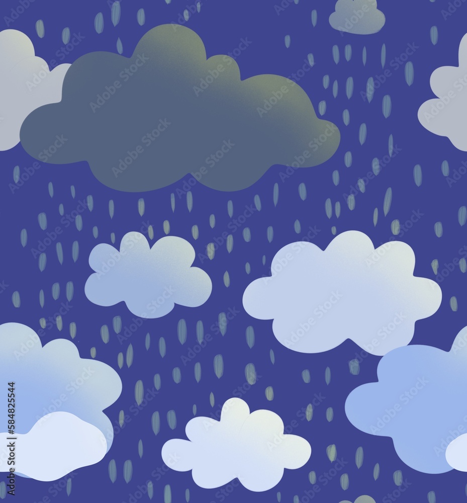 Raining clouds seamless pattern. In cartoon style. Raindrops on blue background. Sky and weather endless cover Raining clouds seamless pattern. In cartoon style. Raindrops on blue background. Sky and weather endless cover