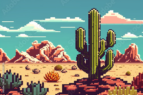 Pixel art game background with a desert landscape. Generative AI.