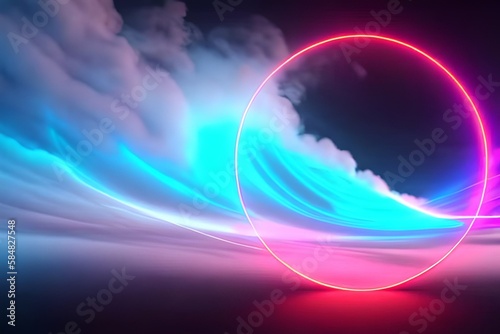 3d render  abstract cloud illuminated with neon light ring on dark night sky. Glowing geometric shape   round  frame