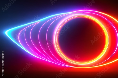3d render, abstract cloud illuminated with neon light ring on dark night sky. Glowing geometric shape, round frame