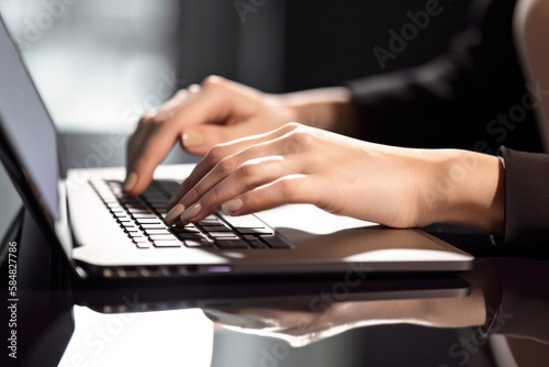 Hand of a business woman working on a laptop, Generative AI