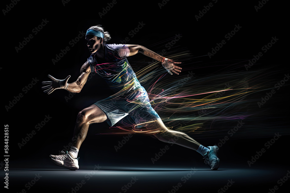 Generative AI Illustration of a runner in motion on dark background. Long exposure photography with motion blur lines