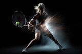 Generative AI Illustration of a tennis player making the move of hitting the ball on dark background. Long exposure photography with motion blur lines