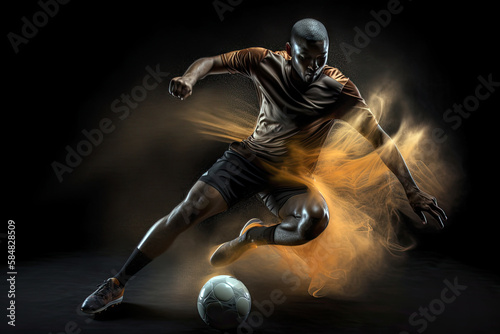 Generative AI Illustration of a soccer player making the movement of hitting the ball on dark background. Long exposure photography with motion blur lines photo