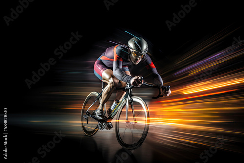 Generative AI Illustration of a moving cyclist on dark background. Long exposure photography with motion blur lines