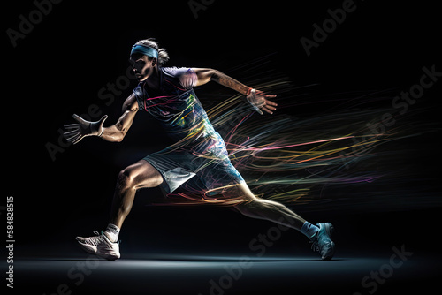 Generative AI Illustration of a runner in motion on dark background. Long exposure photography with motion blur lines © Supermelon