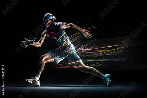 Generative AI Illustration of a runner in motion on dark background. Long exposure photography with motion blur lines