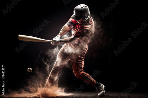 Generative AI Illustration of a baseball player making the motion of hitting the ball on dark background. Long exposure photography with motion blur lines photo