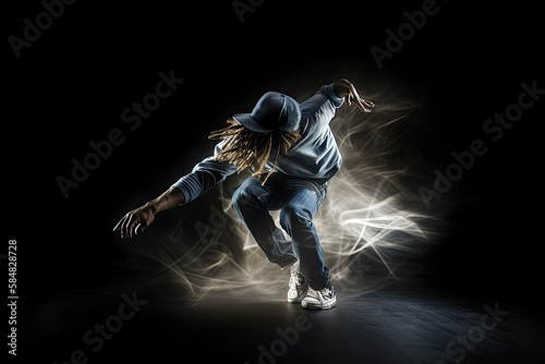 Generative AI Illustration of an urban dancer dancing on dark background. Long exposure photography with blur motion lines © Supermelon