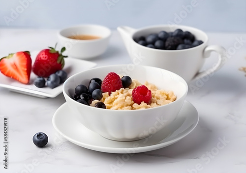 Traditional breakfast - oatmeal porridge with berries. Generative AI