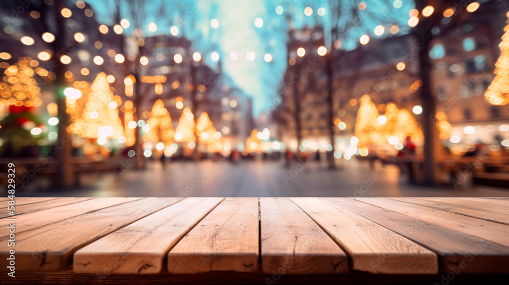 Wooden table in front of light blurred background of christmas market. Generative AI