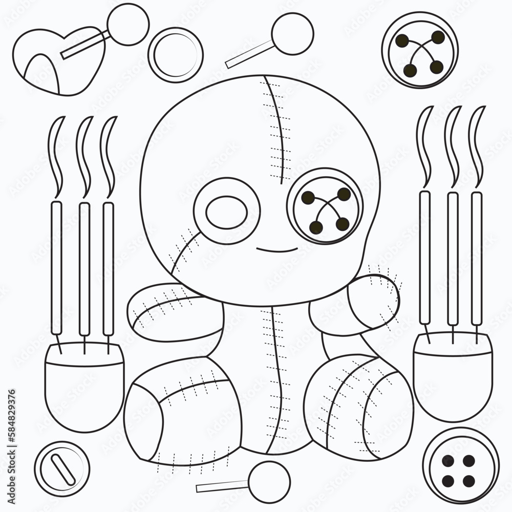 Coloring page. Coloring book for children. Bear. Voodoo toy. Halloween. Coloring book for adults. Black and white illustration. - obrazy, fototapety, plakaty 